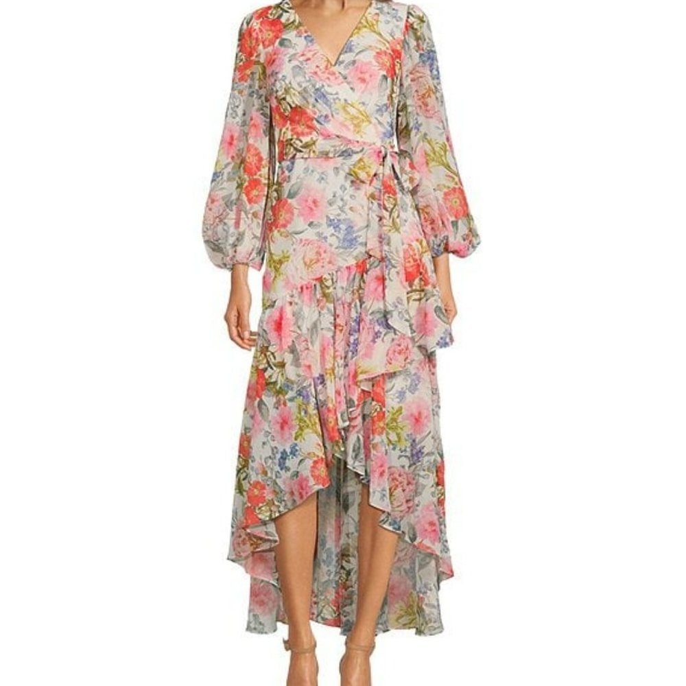 Eliza J Floral Print Chiffon Ruffle V-Neck Long Blouson Sleeve Tie Waist High-Lo